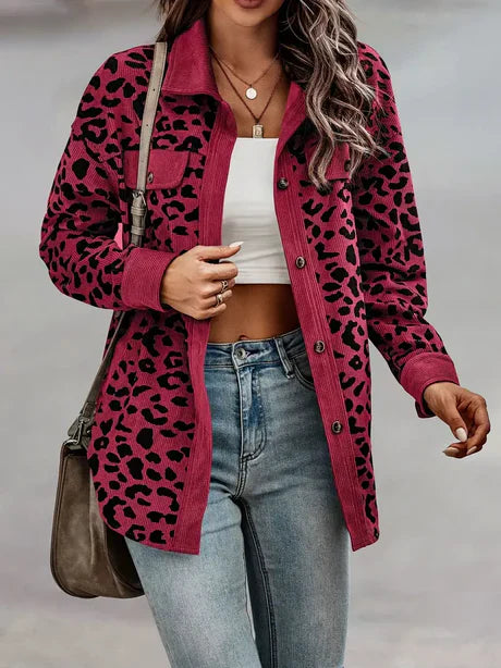 Women’s Shacket – Relaxed Fit Corduroy – Button-Up Long Sleeve – Animal Print