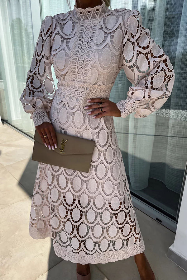 Women's Lace Dress - High Neck - Long Sleeve - Fitted Bodice - Midi Length Elegant Wear