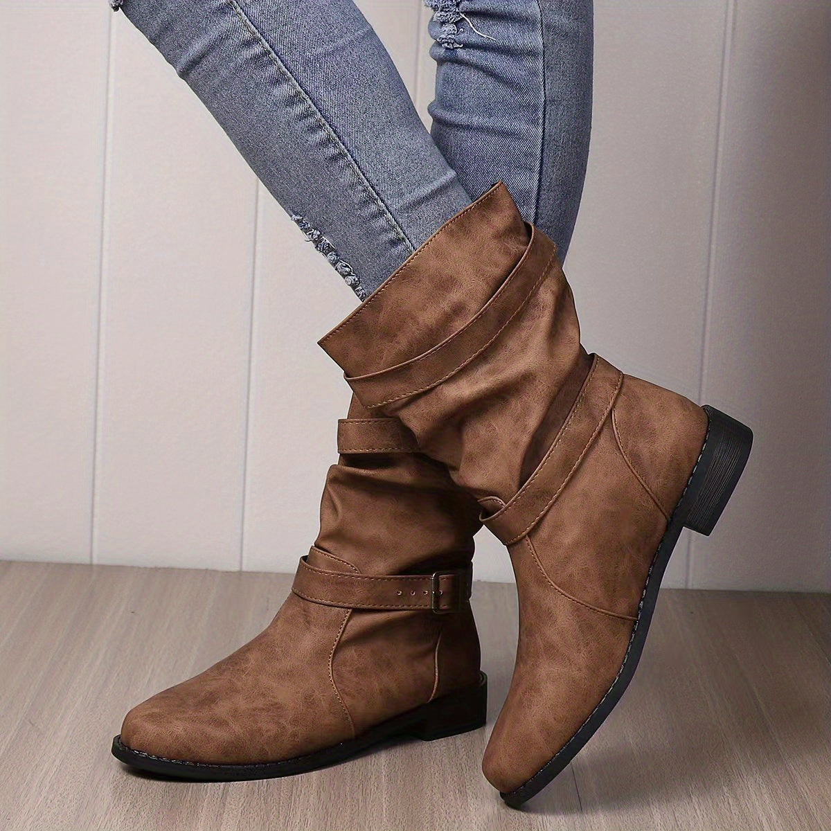 Women's retro charm slouchy buckle strap western ankle boots