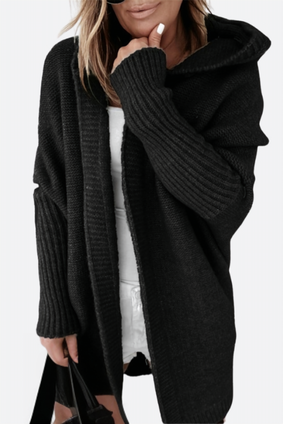 Women's bat-wing hooded knit cardigan