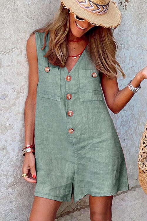 Women's Sleeveless Romper - V-Neck Button Front - Relaxed Fit Lightweight Linen Blend