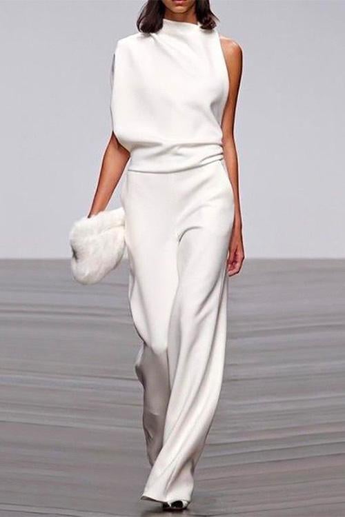 Women’s One-Shoulder Jumpsuit - Elegant Wide-Leg Sleeveless Formal Wear