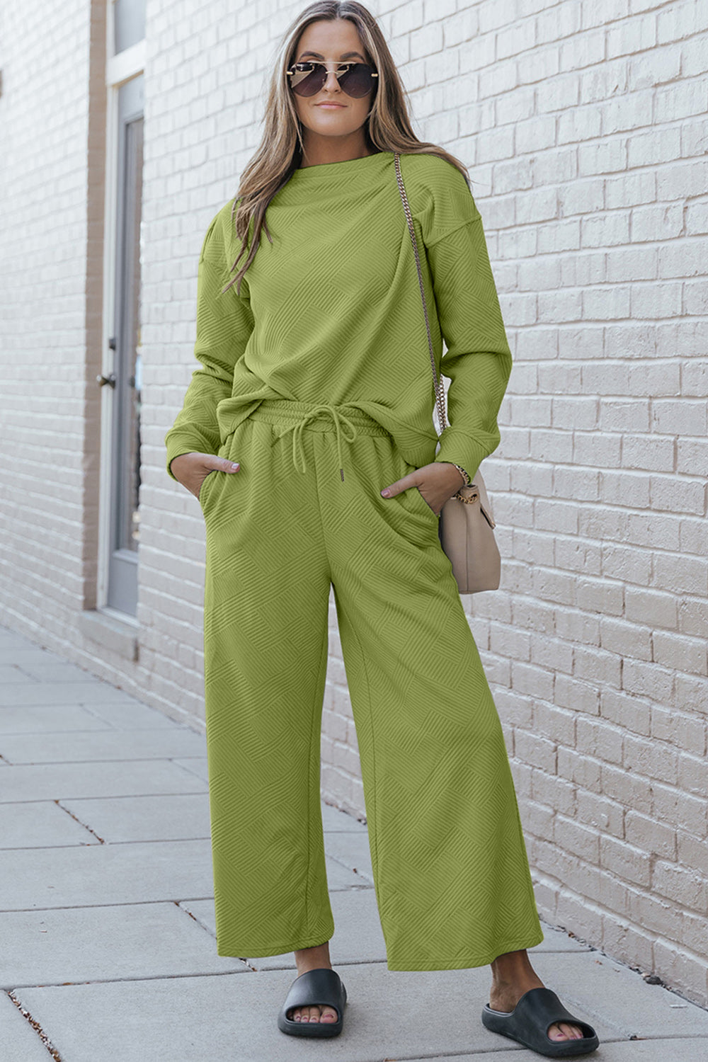 Women's textured long sleeve top and drawstring pants set