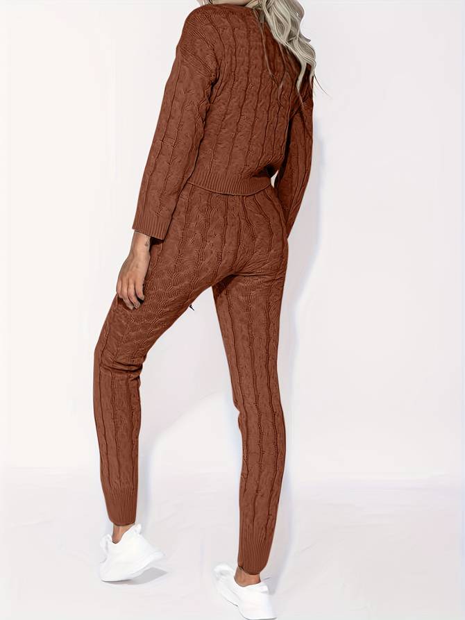 Women’s Lounge Set - Cable Knit - Off Shoulder Sweater - High Waist Tapered Pants