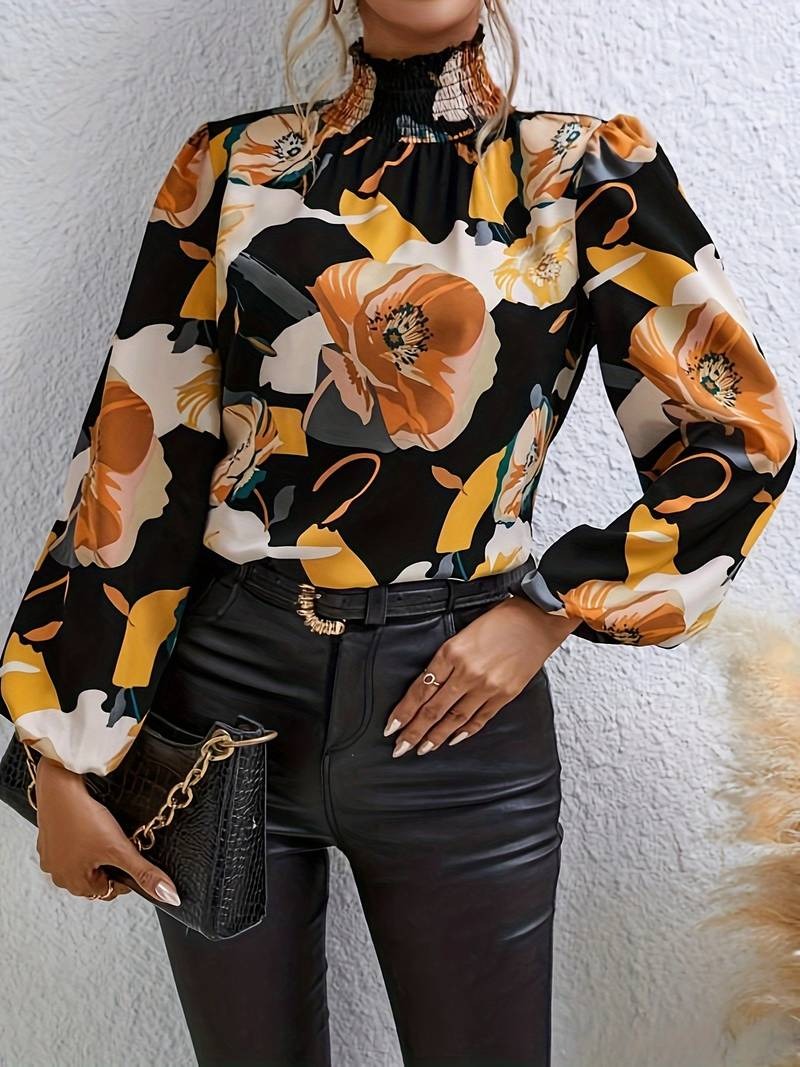 Elegant Floral Flowing Puff Sleeve Blouse