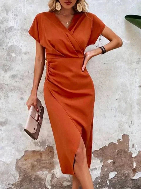 Women's Midi Dress - Wrap V-Neck - Short Sleeve - Form-Fitting with Side Slit