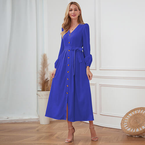 Women's Maxi Dress - V-Neck Button Front - Long Sleeve Tie Waist Flowy Fit
