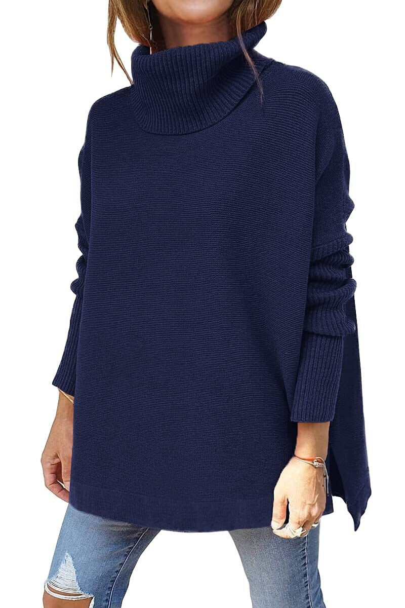 Women's mid-length high neck bat sleeve pullover sweater
