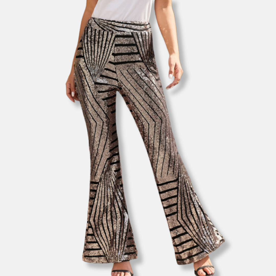 Women’s Pants – High Waist – Sequin Geometric Detail – Wide Leg – Full Length Fit
