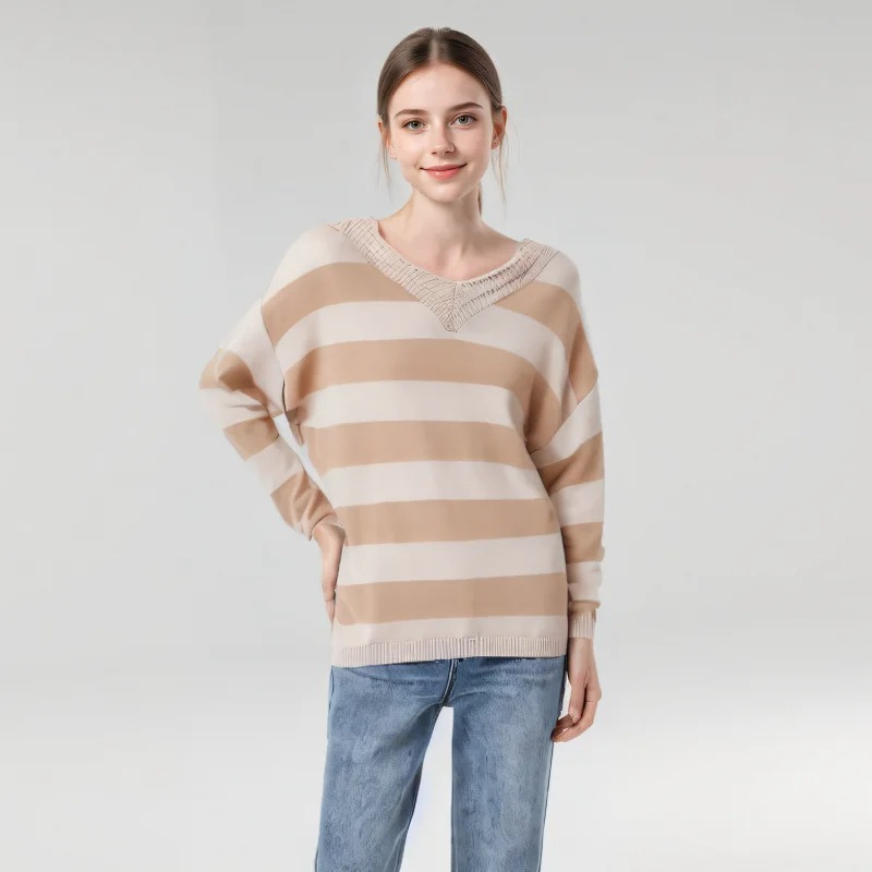 Trendy striped women's sweater with loose fit v-neck design