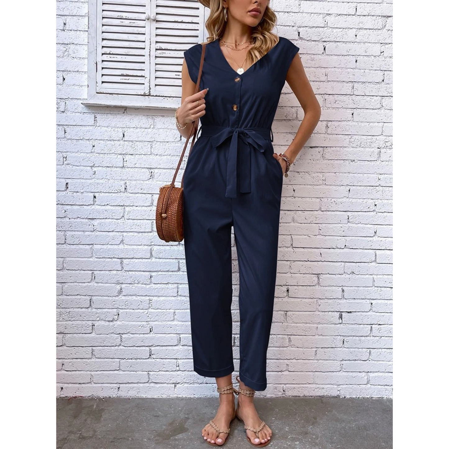 Women's Jumpsuit - V-Neck Button Front - Short Sleeve Belted Waist - Tapered Leg