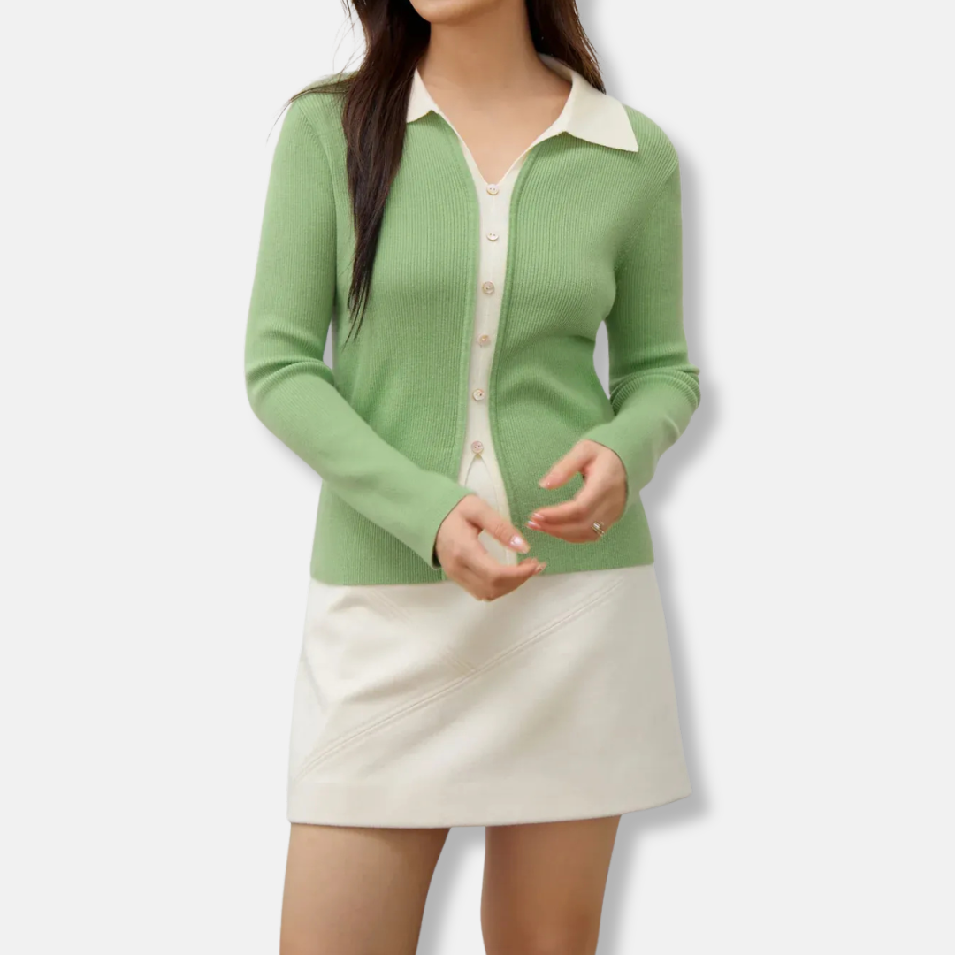 Women’s Knitted Top – Ribbed Texture – 2-in-1 Layered Look – Button Front – Long Sleeve