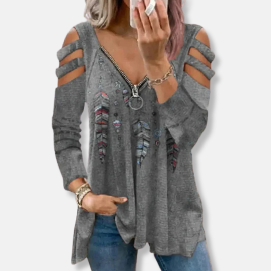 Florence Relaxed Fit Pullover Top | Zipper V-Neck Cold Shoulder Pullover Top