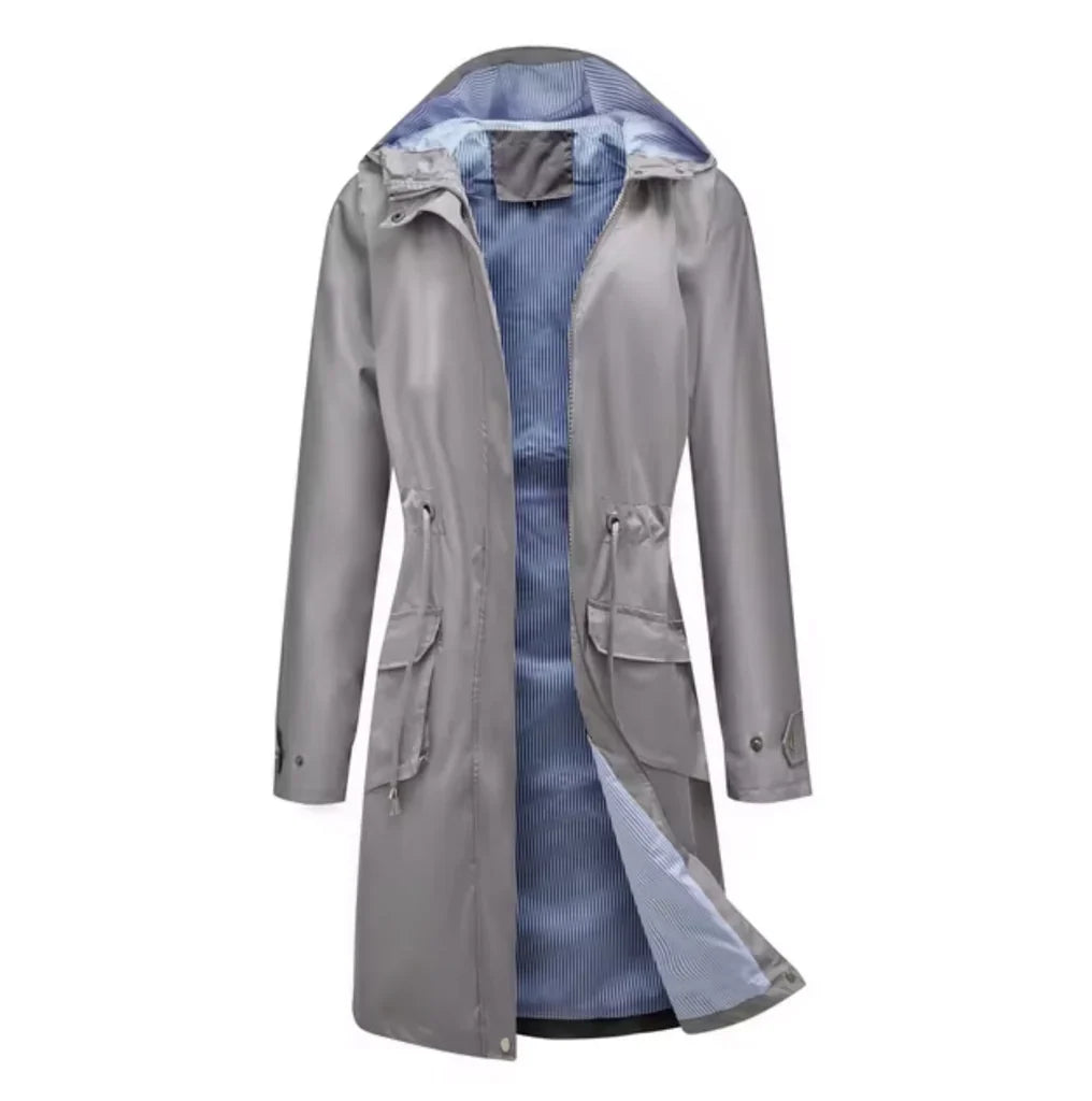 Women’s Long Hooded Jacket – Water-Resistant – Tailored Fit – Zip Front – Adjustable Waist