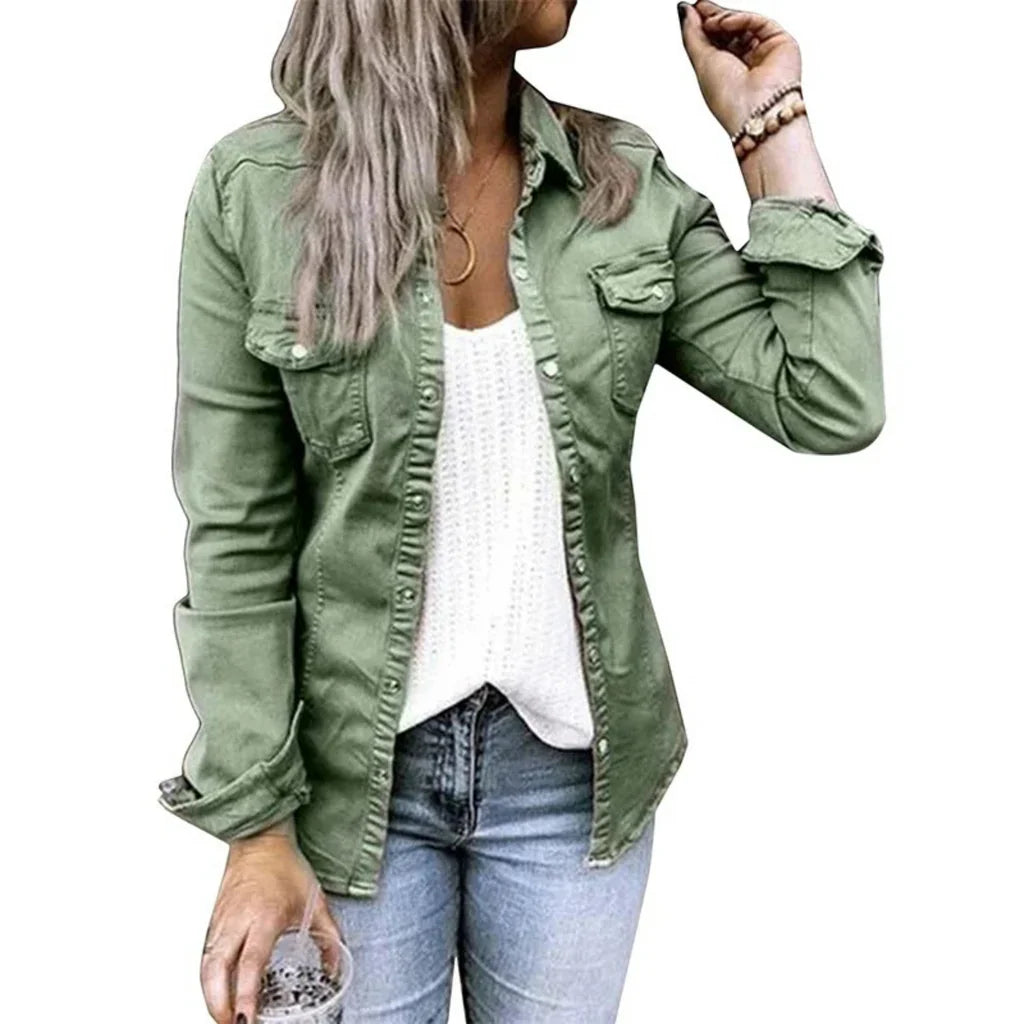 Women’s Jacket – Relaxed Tailored Fit – Denim Look – Button Front – Chest Pockets