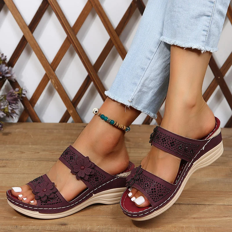 Women's Wedge Sandals - Double Strap - Floral Accents - Cushioned Sole