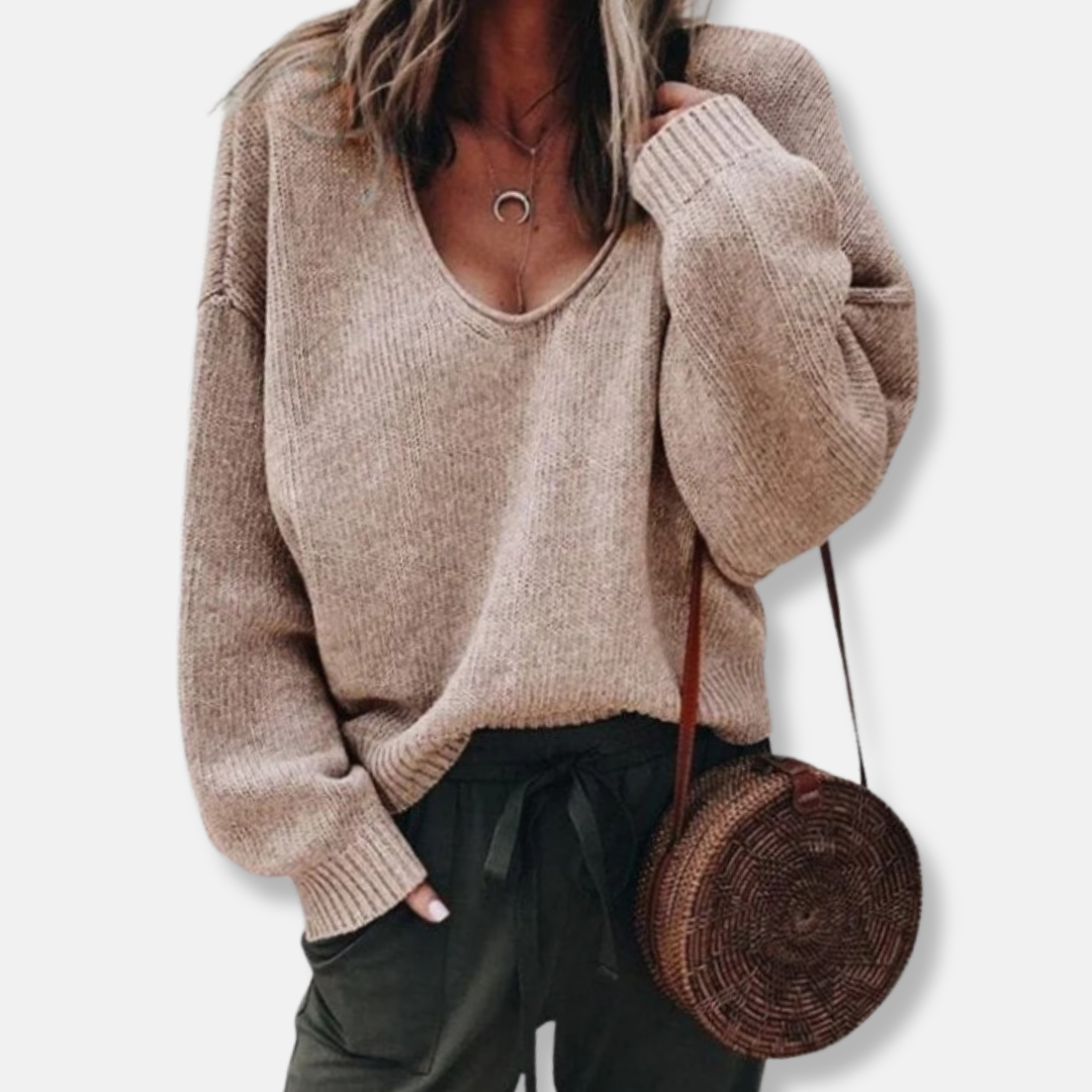 Women’s Sweater – Wool Knit – Relaxed Fit – Deep V-Neck – Long Sleeve Casual Style