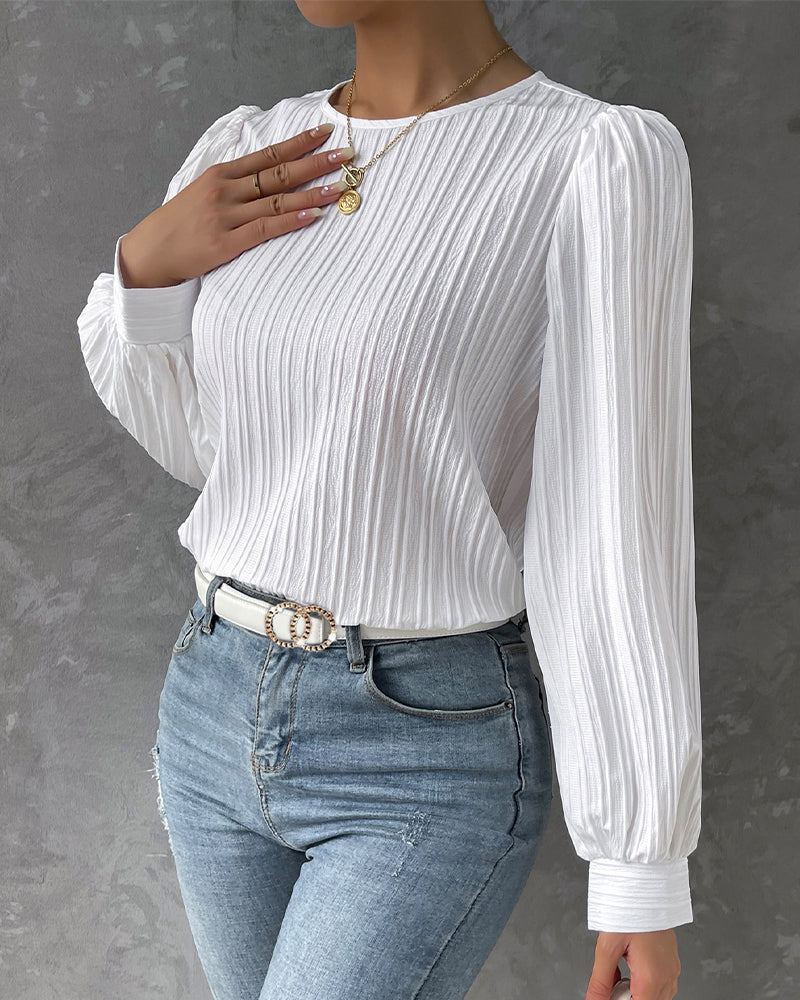 Women's Blouse - Pleated Texture - Balloon Sleeve - Crew Neck Elegant Fit