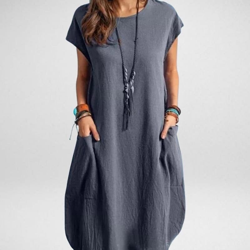 Women’s Long Dress – Relaxed Fit – Breathable Blend – Short Sleeve with Pockets