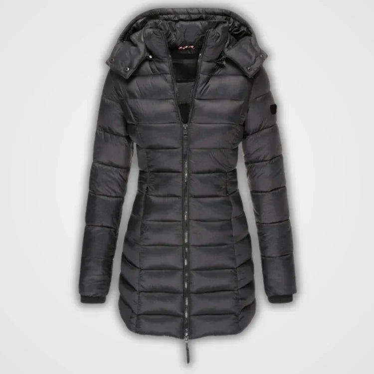 Amelia Long Puffer Jacket | Quilted Hooded Mid-Thigh Jacket