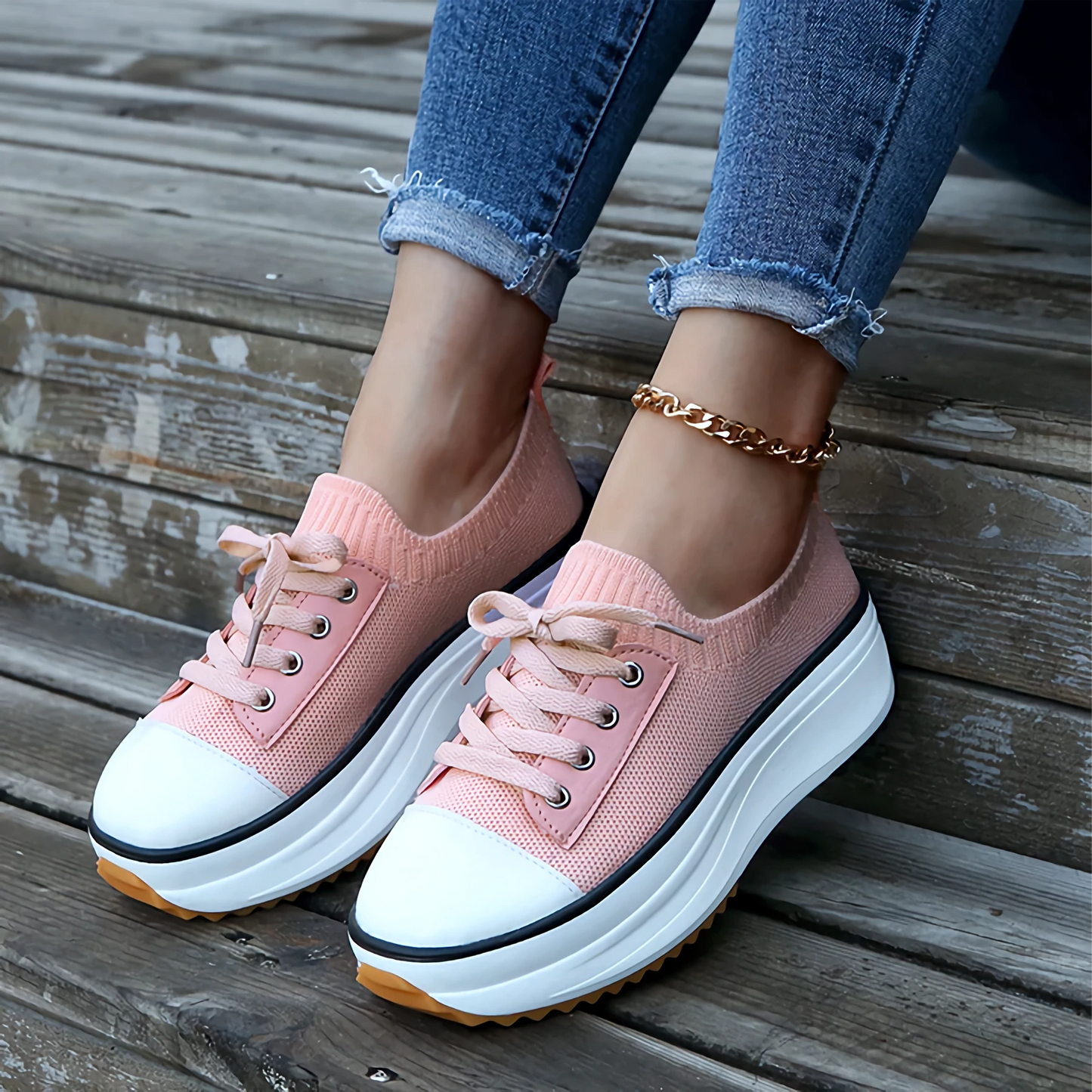 Women’s Sneakers – Soft Knit Upper – Platform Sole – Lace-Up Breathable Fit