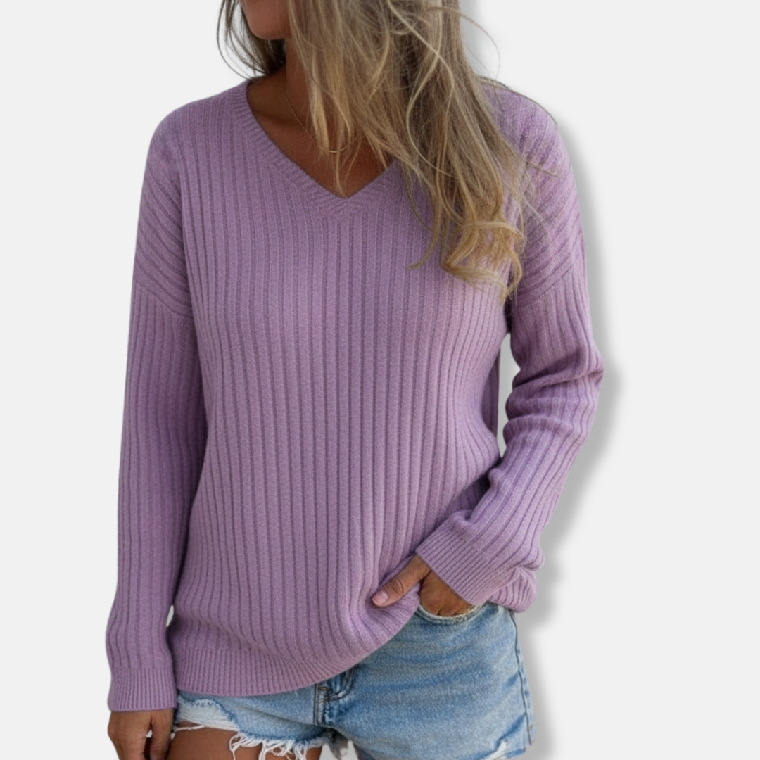 Isla Slim Fit Pullover Sweater | V-Neck Ribbed Long Sleeve Sweater