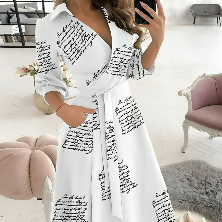 Women's Wrap Dress - V-Neck Adjustable Fit - Long Sleeve with Waist Tie - Elegant & Chic