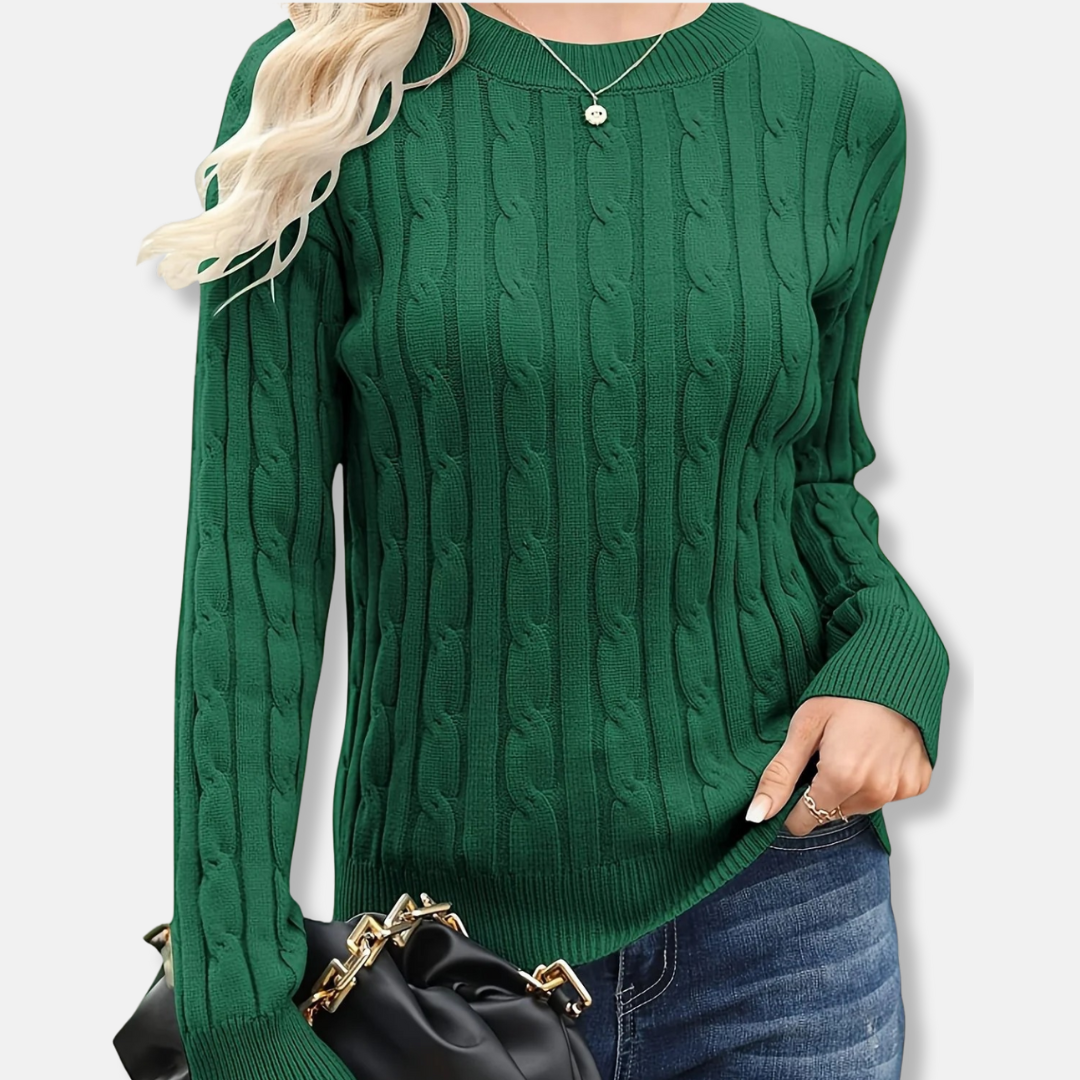Women’s Sweater - Knit Fabric - Cable Knit Texture - Crew Neck - Ribbed Cuffs