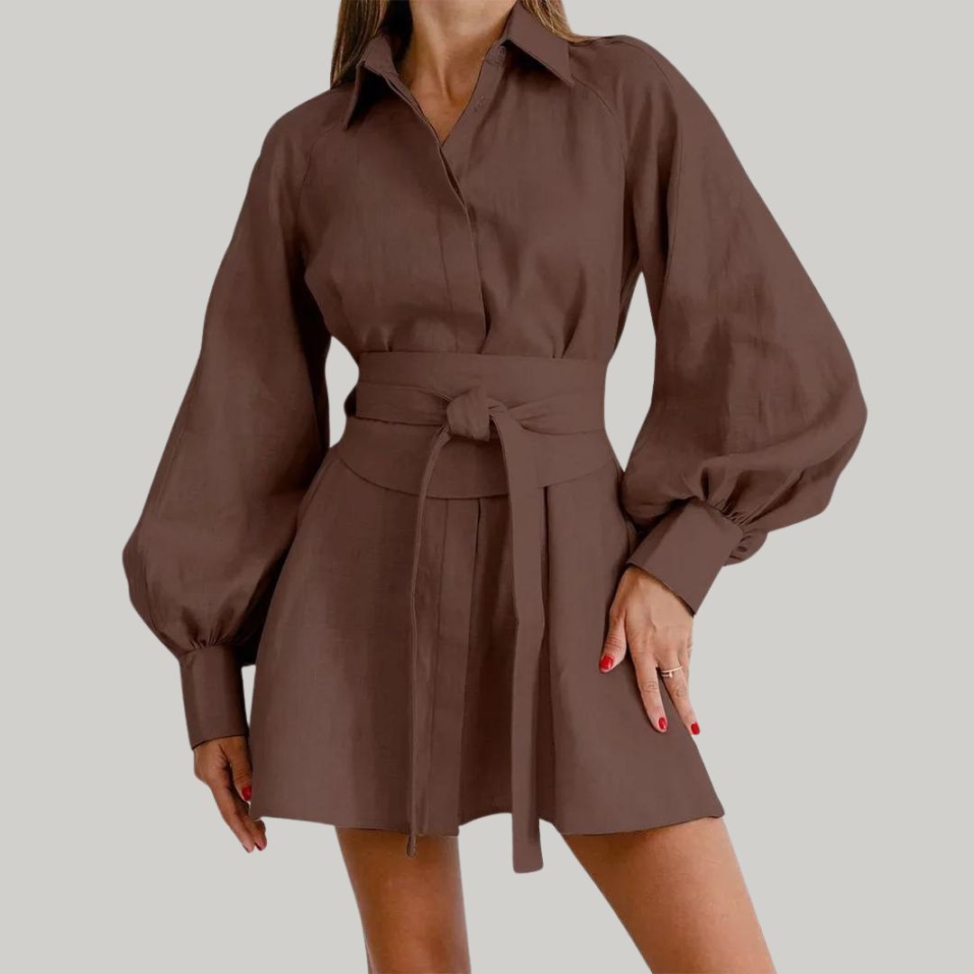 Women's Shirt Dress - Oversized Fit - Long Lantern Sleeves - Lightweight Cotton Blend