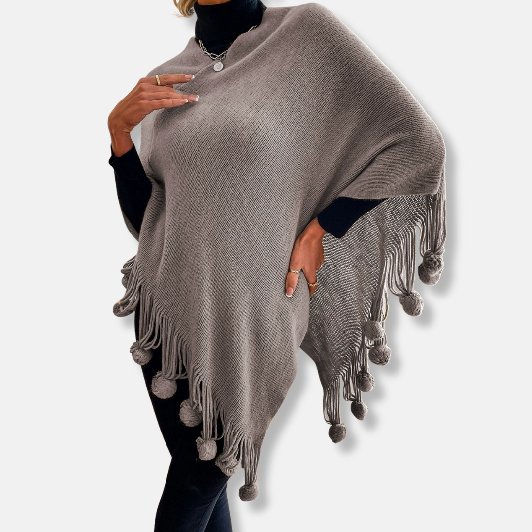 Sienna Relaxed Fit Cape | Fringe Pom-Pom Trim Cape