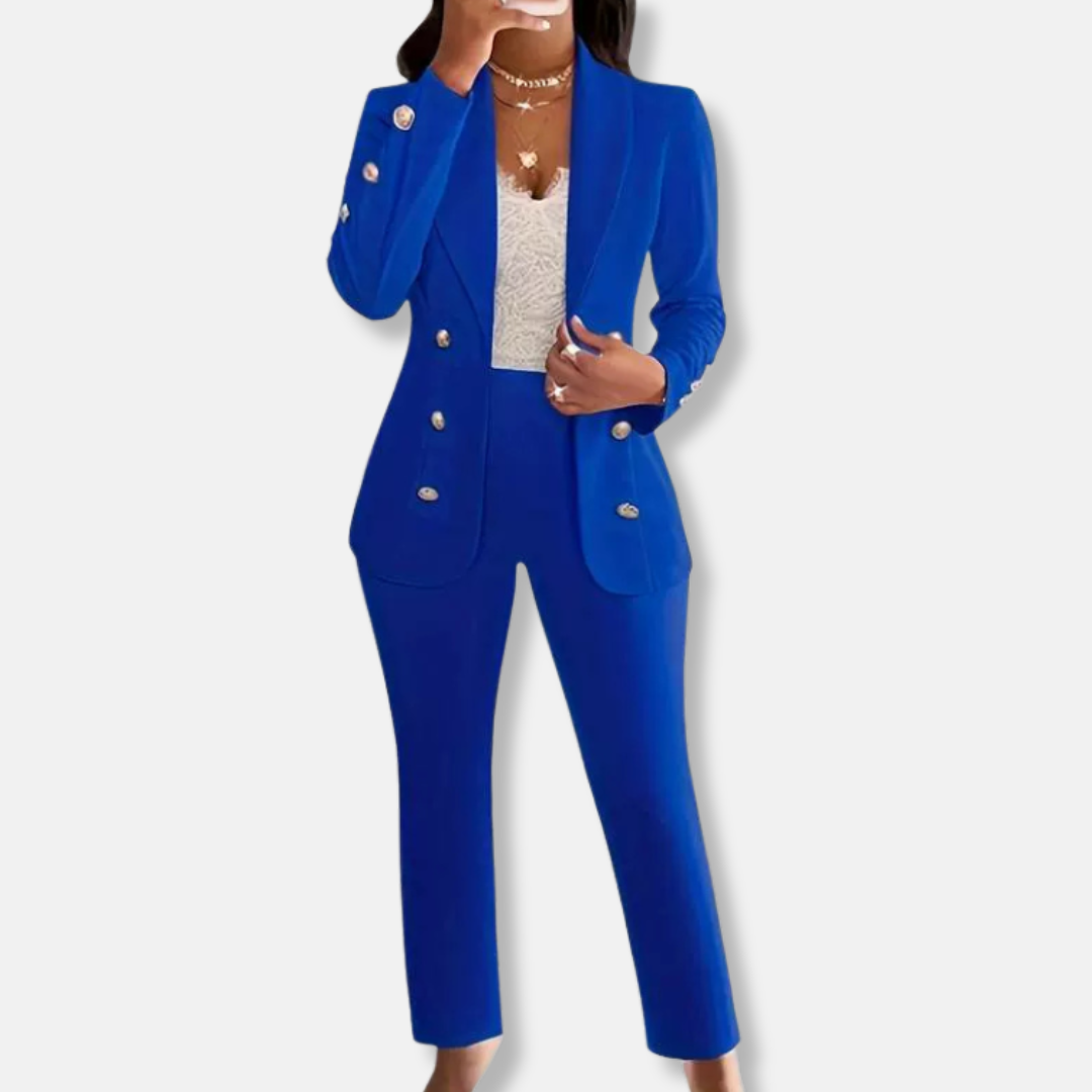 Women’s Two-Piece Pants Set – Slim Fit Blazer with Shawl Collar – Straight Leg Trousers