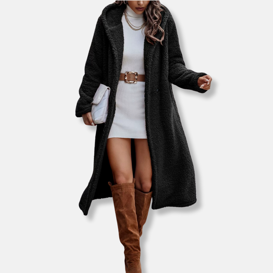 Women’s Long Coat – Plush Textured Fabric – Relaxed Fit – Hooded – Button Front