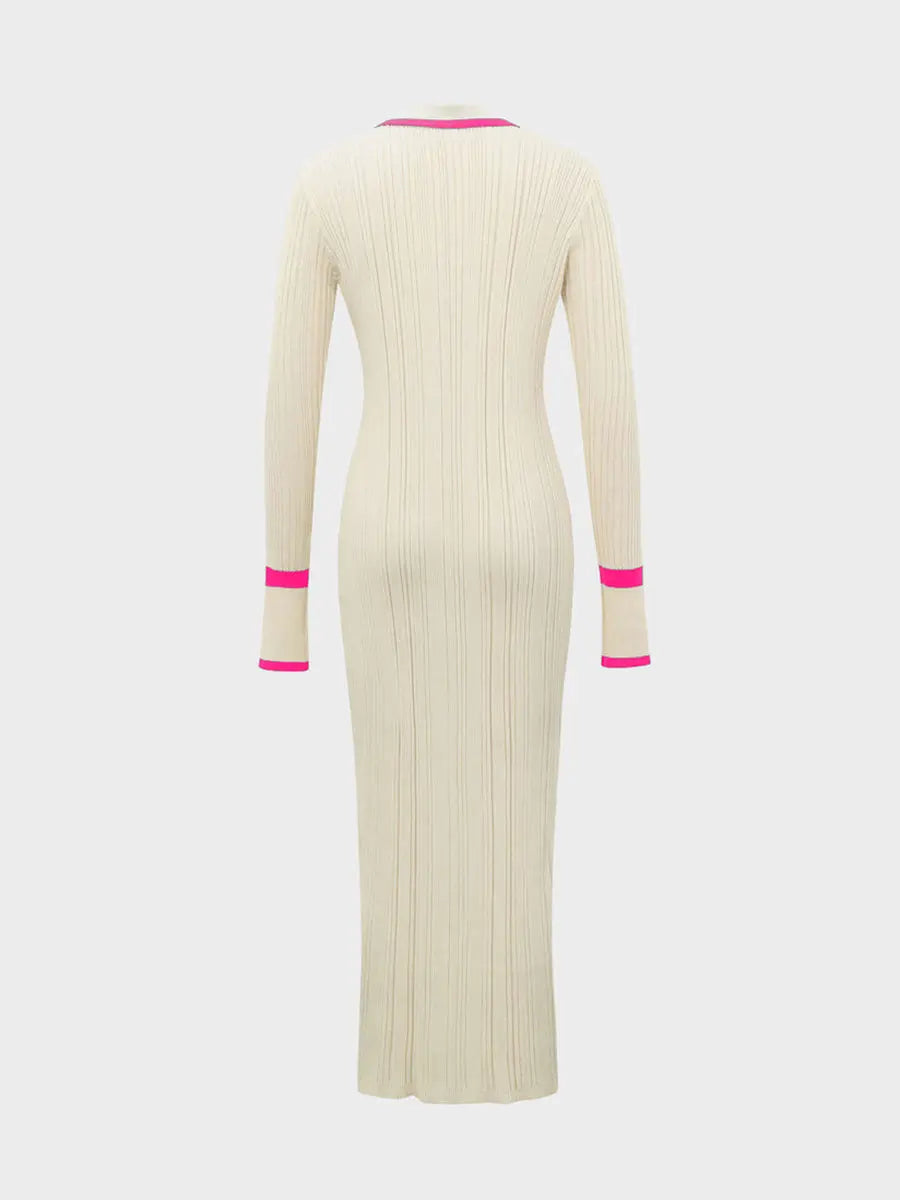 Women's Ribbed Knit Dress - Button Down - Long Sleeve - Form-Fitting - Shirt Collar