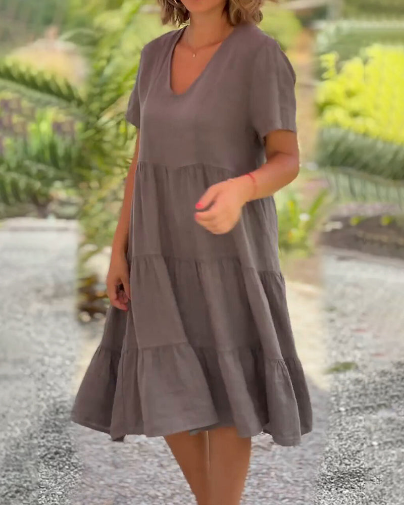 Women's Casual Midi Dress - V-Neck - Short Sleeve - Loose Fit Tiered Design