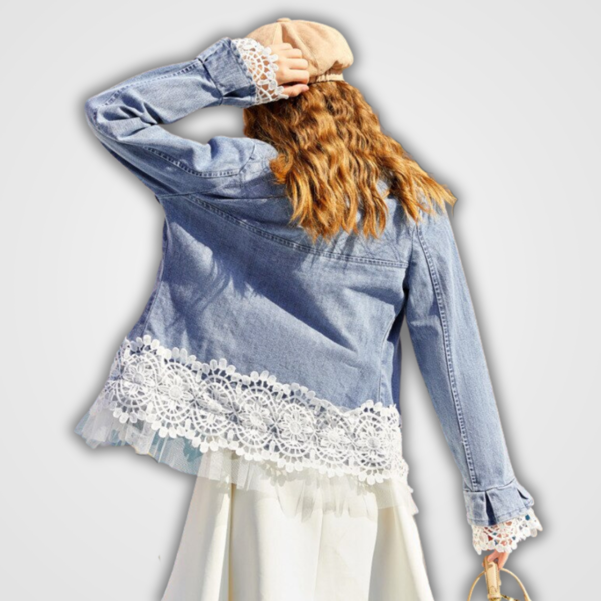 Women's denim jacket with beads and lace stitching