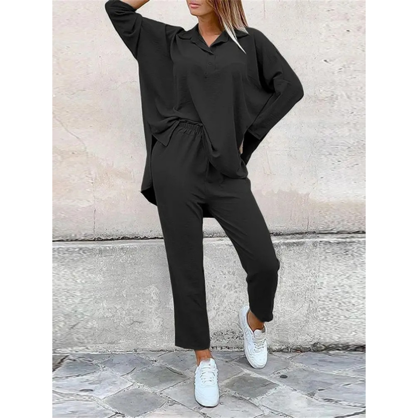 Women's Two-Piece Loungewear Set - Button-Up Oversized Top - Elastic Waist Straight-Leg Pants