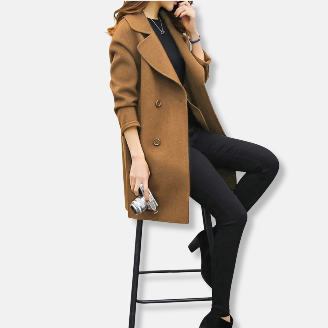 Women’s Coat - Wool - Double Breasted - Notched Lapel - Mid-Thigh Length
