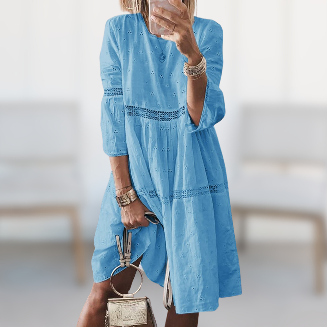 Women's Embroidered Dress - Knee-Length - Three-Quarter Sleeve - Elegant Eyelet Detailing