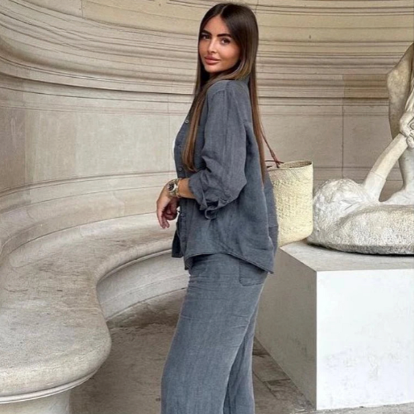 Women's Linen Two-Piece Set - Button-Down Shirt & High-Waisted Pants - Relaxed Fit