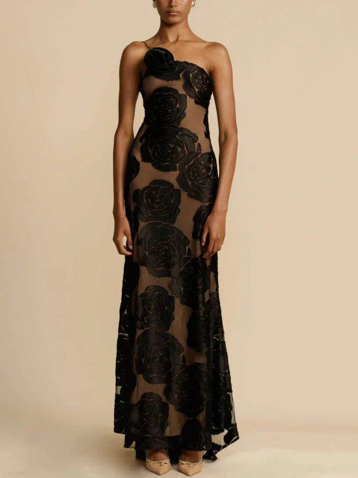 Women’s Evening Gown - One-Shoulder - Sheer Overlay with Floral Appliqués - Floor-Length