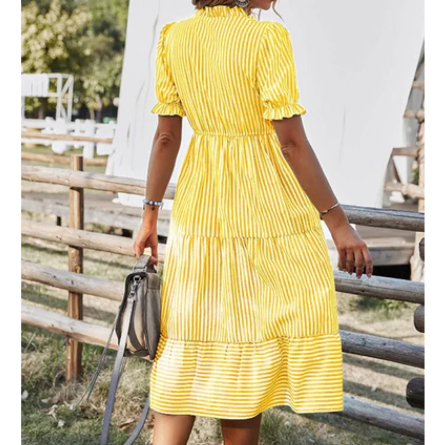 Women's Striped Dress - V-Neck Button Front - Puff Sleeve Tiered Ruffle Hem