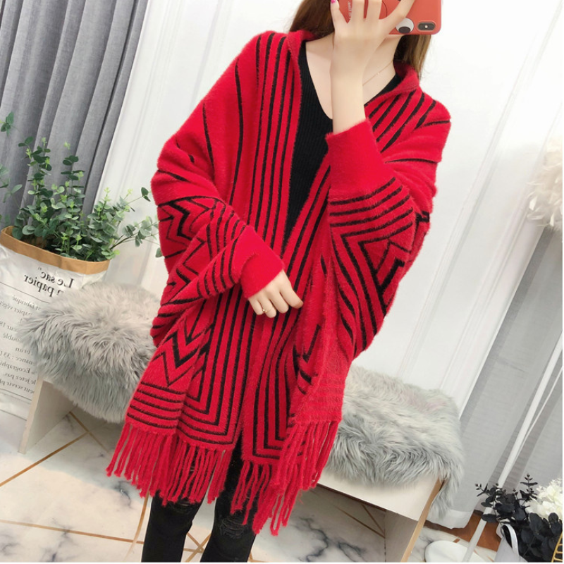 Women's mid-length faux mink fringe batwing knitted cardigan