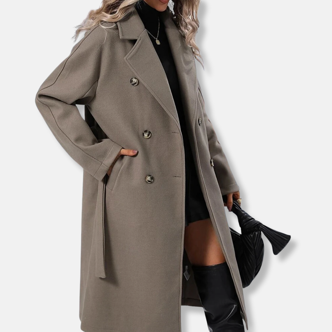 Isabella Wool Double-Breasted Trench Coat | Belted Collared Trench Coat