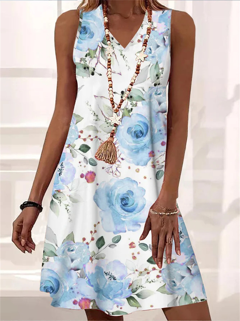Women's Sleeveless Dress - V-Neck A-Line - Lightweight Floral Casual Wear