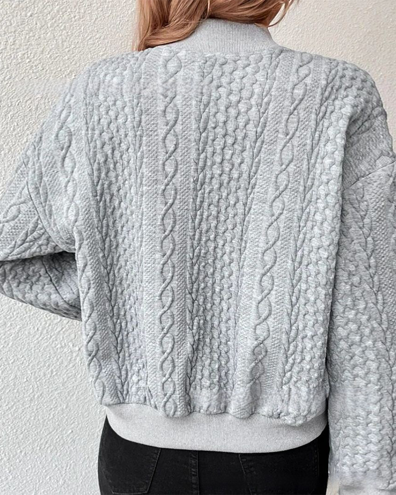 Women's Bomber Jacket - Cable Knit - Snap Button Front - Ribbed Collar & Cuffs