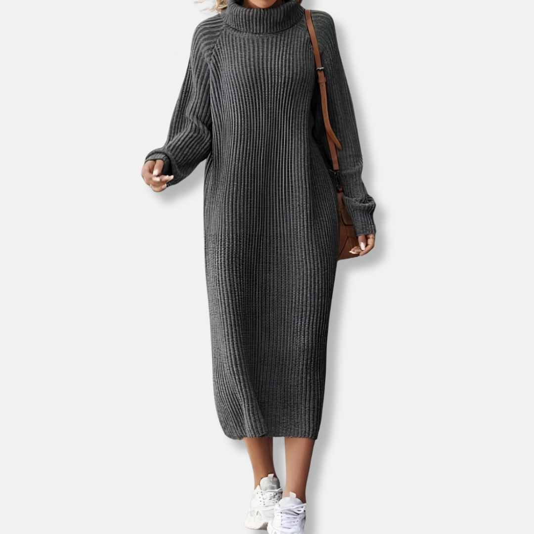 Women’s Dress - Knit - Turtleneck - Long Sleeve - Midi Length - Ribbed