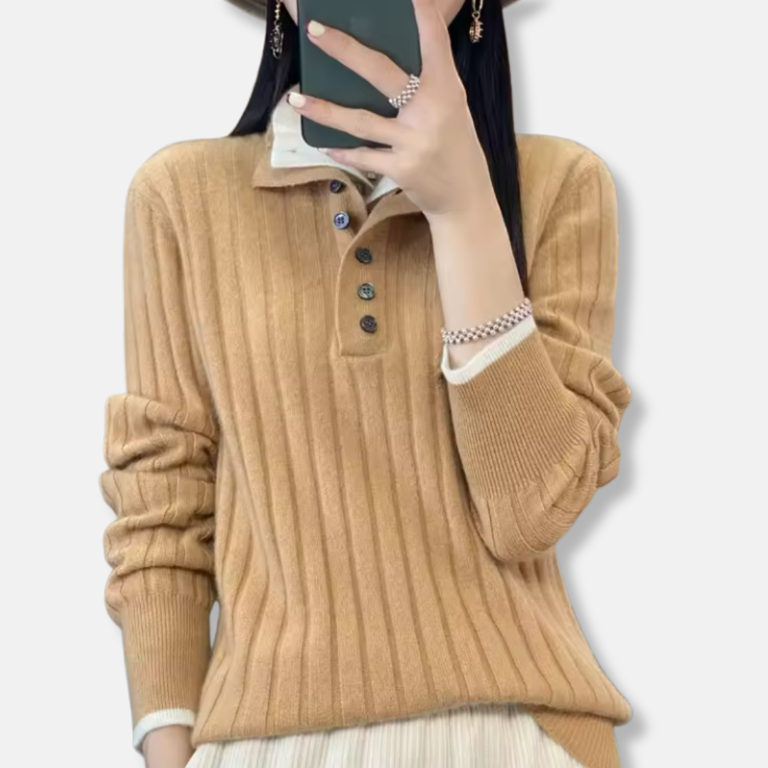 Women’s Pullover Sweatshirt – Ribbed Knit – Shirt Collar – Button Placket – Relaxed Fit