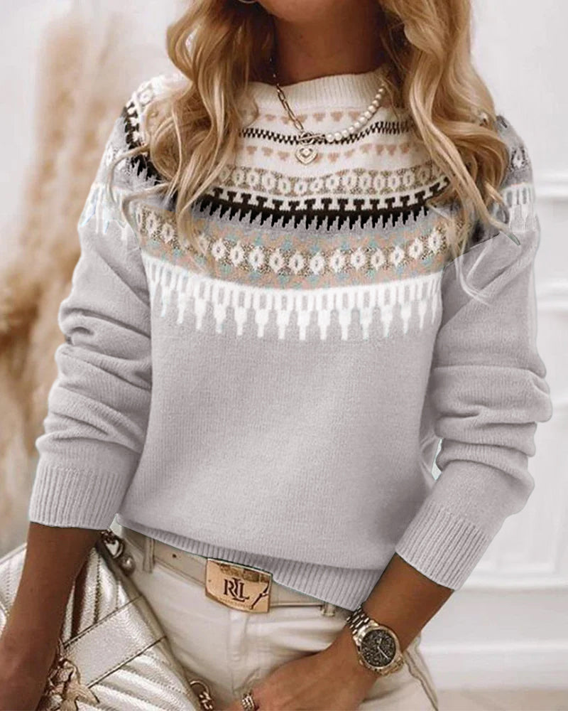 Women’s Knit Sweater - Fair Isle Pattern - Round Neck - Fitted Ribbed Cuffs and Hem