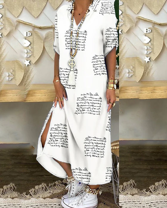Women's Maxi Dress - V-Neck Collar - Short Sleeve Loose Fit - Side Slit Casual Wear