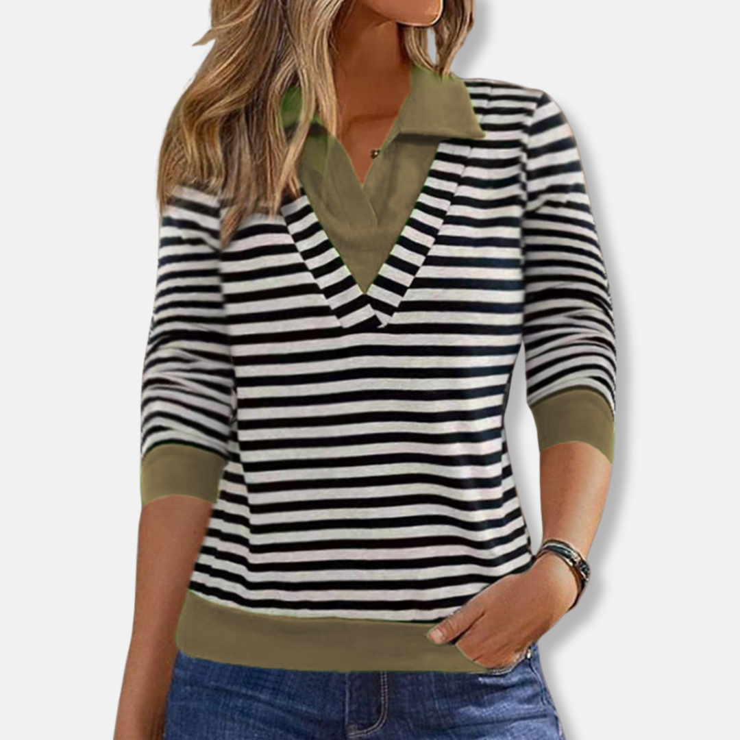 Aurora Relaxed Fit Sweatshirt | Striped V-Neck Hip-Length Sweatshirt